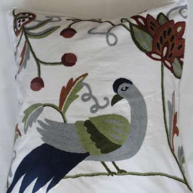 Crewel Pillow Peacock Design on White Cotton fabric